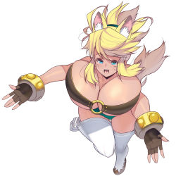 Rule 34 | 1girl, :d, absurdres, animal ear fluff, animal ears, belt bra, blonde hair, blue eyes, boots, bouncing breasts, breasts, curvy, extra ears, facial mark, fangs, floating hair, full body, gold bracelet, highres, huge breasts, incoming hug, jumping, kouno (masao), liru, looking at viewer, o-ring, o-ring top, open mouth, outstretched arms, ponytail, pouncing, renkin san-kyuu magical pokaan, short shorts, shorts, sidelocks, simple background, smile, solo, studded bracelet, tail, thigh boots, whisker markings, white background, wolf ears, wolf girl, wolf tail