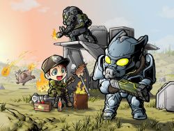 Rule 34 | 1girl, 2boys, :d, armor, black footwear, blue eyes, boots, brown hair, chibi, directed-energy weapon, enclave, energy gun, energy weapon, fallout (series), fallout 3, fire, flamethrower, food, full body, green jacket, green pants, gun, hat, helmet, hirekatsu, holding, holding food, holding gun, holding weapon, jacket, laser gun, laser weapon, lasgun, long hair, long sleeves, military, military hat, military uniform, multiple boys, naked mole rat, open mouth, outdoors, pants, pauldrons, power armor, shoulder armor, sitting, smile, soda bottle, standing, uniform, weapon