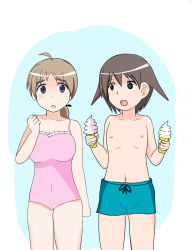 Rule 34 | 2girls, absurdres, artist request, black eyes, blue background, blue male swimwear, blue swim trunks, blush, breasts, brown hair, casual one-piece swimsuit, cleavage, cowboy shot, female focus, flat chest, food, happy, highres, holding, ice cream, large breasts, looking at another, looking at viewer, lynette bishop, male swimwear, male swimwear challenge, medium hair, miyafuji yoshika, multiple girls, nipples, one-piece swimsuit, open mouth, pink one-piece swimsuit, ponytail, purple eyes, simple background, standing, strike witches, swim trunks, swimsuit, teeth, thighs, topless, white background, world witches series