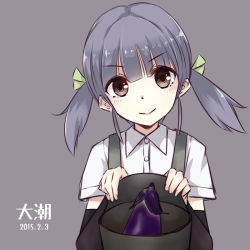 Rule 34 | &gt;:&gt;, 10s, 1girl, :&gt;, arm warmers, blouse, blunt bangs, brown eyes, character name, colis (regunm772), collared shirt, dated, eggplant, grey hair, hat, unworn hat, unworn headwear, kantai collection, looking at viewer, ooshio (kancolle), purple background, school uniform, shirt, short twintails, simple background, smile, solo, suspenders, twintails, v-shaped eyebrows