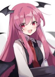 Rule 34 | 1girl, bat wings, blush, formal, highres, koakuma, necktie, one-hour drawing challenge, open mouth, pink hair, red eyes, red necktie, simple background, smile, solo, suikario, suit, touhou, white background, wings