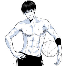 Rule 34 | 1990s (style), 1boy, abs, bad id, bad pixiv id, ball, basketball, basketball (object), looking at viewer, ma2, male focus, retro artstyle, rukawa kaede, short hair, slam dunk (series), solo, sweatdrop, tongue, tongue out, topless male