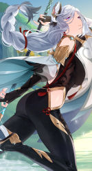 Rule 34 | 1girl, absurdres, ass, black bodysuit, blue eyes, bodysuit, braid, breasts, closed mouth, genshin impact, hair ornament, half-closed eyes, high heels, highres, hip vent, holding, holding weapon, large breasts, legs, long hair, looking at viewer, nail polish, onimoti, resolution mismatch, shenhe (genshin impact), single braid, solo, source smaller, weapon, white hair