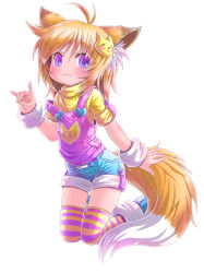 Rule 34 | :3, androgynous, animal ears, antenna hair, bad id, bad pixiv id, blonde hair, blush, brown hair, child, fox ears, fox tail, gender request, original, overalls, purple eyes, renaoka, short hair, shorts, simple background, smile, solo, star (symbol), striped clothes, striped thighhighs, tail, thighhighs, white background, zettai ryouiki