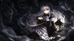 Rule 34 | 1girl, absurdres, black dress, black flower, black pantyhose, black rose, commentary, crystalherb, dress, english commentary, flower, frilled dress, frilled sleeves, frills, gem, gothic lolita, graveyard, hair flower, hair ornament, hairband, head tilt, highres, holding, holding skull, lantern, lolita fashion, lolita hairband, long hair, long sleeves, looking at viewer, original, pantyhose, parted lips, red eyes, rose, shaded face, silver hair, sitting, skull, solo, striped clothes, striped pantyhose, vertical-striped clothes, vertical-striped pantyhose