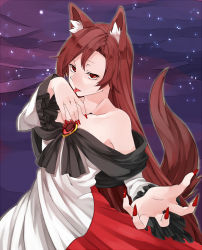 Rule 34 | 1girl, akagashi hagane, animal ears, bare shoulders, brooch, brown hair, licking finger, imaizumi kagerou, jewelry, licking, long hair, long sleeves, nail polish, off shoulder, red eyes, red nails, shirt, skirt, solo, tail, touhou, very long hair, wide sleeves, wolf ears, wolf tail