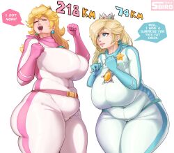 Rule 34 | 2girls, absurdres, ass, belt, blonde hair, blue eyes, bodysuit, breasts, covered navel, crown, curvy, earrings, female focus, gloves, highres, huge breasts, jewelry, large breasts, lips, long hair, mario (series), mario kart, multiple girls, nintendo, plump, princess peach, rosalina, scarf, skin tight, speech bubble, star (symbol), steelybird, thick thighs, thighs, wand, wide hips