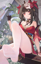 Rule 34 | 1girl, bare shoulders, black hair, blush, breasts, catsmoon, closed mouth, commentary, condom, condom wrapper, english commentary, feet, hair ornament, highres, holding, holding condom, honkai: star rail, honkai (series), japanese clothes, large breasts, long hair, looking at viewer, mask, mask on head, pantyhose, red eyes, signature, sitting, smile, soles, solo, sparkle (honkai: star rail), thighs, twintails, white pantyhose