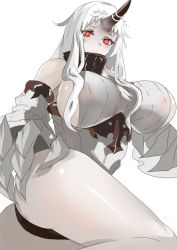 Rule 34 | 1girl, absurdres, abyssal ship, ass, bad id, bad pixiv id, black panties, blush, breasts, claws, closed mouth, detached sleeves, dress, covered erect nipples, highres, horns, kantai collection, large breasts, long hair, musicatopos, pale skin, panties, red eyes, ribbed dress, seaport princess, short dress, sidelocks, simple background, single horn, solo, sweater, sweater dress, thighs, underwear, very long hair, white background, white hair