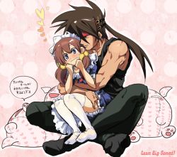 Rule 34 | 1boy, 1girl, 5 (1boshi), aq interactive, arc system works, arcana heart, atlus, bad id, bad pixiv id, blue eyes, brown hair, couple, crossover, dress, examu, fiona mayfield, guilty gear, hetero, hug, hug from behind, m.u.g.e.n, order-sol, order sol, ribbon, short twintails, sitting, sitting on lap, sitting on person, sol badguy, thighhighs, twintails