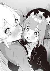 Rule 34 | 2girls, bachou (touhakuden), child, closed mouth, hair intakes, hand on another&#039;s arm, hat, height difference, highres, kanzarin, long hair, looking at another, looking to the side, looking up, monochrome, multiple girls, non-web source, novel illustration, official art, parted lips, ponytail, sparkle, touhaku (touhakuden), touhakuden