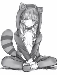 Rule 34 | 1girl, :t, absurdres, ahoge, animal costume, blunt bangs, braid, breasts, full body, greyscale, hair censor, hair over breasts, hands on own feet, highres, hololive, hood, hood up, indian style, light blush, long hair, long sleeves, looking at viewer, medium breasts, minato aqua, monochrome, multicolored hair, nanashi (nlo), neck ribbon, onesie, open clothes, pout, ribbon, simple background, sitting, sketch, solo, striped tail, tail, tanuki costume, twin braids, two-tone hair, virtual youtuber