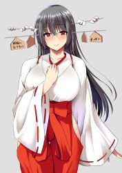 Rule 34 | 1girl, absurdres, alternate color, alternate costume, ar (lover boy), black hair, breasts, choukai (kancolle), closed mouth, glasses, grey background, hair between eyes, hair ornament, hakama, hakama short skirt, hakama skirt, highres, japanese clothes, kantai collection, kimono, large breasts, long hair, looking at viewer, red eyes, rimless eyewear, simple background, skirt, smile