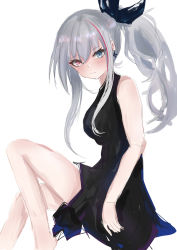 Rule 34 | 1girl, absurdres, artist request, black bow, black dress, black gloves, blue eyes, blush, bow, breasts, cross, cross earrings, dress, earrings, feet out of frame, girls&#039; frontline, gloves, grey hair, heterochromia, highres, jewelry, long hair, looking at viewer, mdr (cocktail observer) (girls&#039; frontline), mdr (girls&#039; frontline), medium breasts, multicolored hair, official alternate costume, pink eyes, ponytail, ribbon, simple background, solo, streaked hair, white background