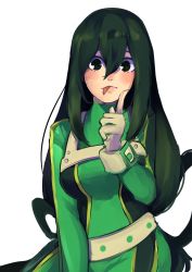 Rule 34 | 1girl, absurdres, asui tsuyu, black eyes, bodysuit, boku no hero academia, breasts, cowboy shot, finger to cheek, formal, green bodysuit, green hair, hair between eyes, highres, long hair, looking at viewer, rayrie, simple background, solo, suit, tongue, tongue out, upper body, white background