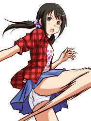 Rule 34 | 1girl, :o, black hair, blue skirt, brown eyes, commentary request, cowboy shot, crotch seam, flower, from side, hair flower, hair ornament, hair tie, idolmaster, idolmaster cinderella girls, kicking, layered clothes, lielos, long hair, looking at viewer, miniskirt, motion blur, nakano yuka, open clothes, open mouth, open shirt, panties, pantyshot, plaid, plaid shirt, pleated skirt, print shirt, red shirt, shirt, simple background, skirt, sleeves rolled up, solo, standing, twintails, underwear, v-shaped eyebrows, white background, white panties, white shirt