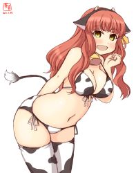 Rule 34 | 1girl, alternate costume, animal ears, animal print, arm behind back, artist logo, bell, bikini, blunt bangs, braid, breasts, cleavage, commentary request, cow ears, cow horns, cow print, cow tail, cowbell, cowboy shot, curly hair, dated, de ruyter (kancolle), ear tag, fake animal ears, fake horns, green eyes, highres, horns, kanon (kurogane knights), kantai collection, large breasts, leaning forward, long hair, looking at viewer, navel, side-tie bikini bottom, side braid, simple background, smile, solo, swimsuit, tail, thighhighs, white background, white bikini, white thighhighs