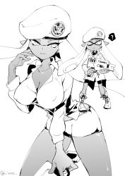 Rule 34 | 1girl, ?, aged up, beret, bike shorts, blunt bangs, boots, breasts, cleavage, closed mouth, coat, combat boots, cross-laced footwear, dark-skinned female, dark skin, dress shirt, emblem, female focus, fish, forge-chan (splatoon), greyscale, hat, holding, holding weapon, inkling, inkling girl, inkling player character, large breasts, light smile, long hair, looking at viewer, monochrome, multiple views, nintendo, rapid blaster (splatoon), serizawa nae, shirt, short shorts, shorts, sketch, splatoon (manga), splatoon (series), splatoon 1, spoken question mark, standing, time paradox, weapon, white background
