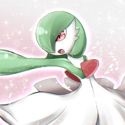 Rule 34 | 1girl, arm up, bob cut, chromatic aberration, colored skin, creatures (company), female focus, flat chest, game freak, gardevoir, gen 3 pokemon, gradient background, green hair, green skin, hair over one eye, haru (chill3838), highres, multicolored skin, nintendo, open mouth, outline, outstretched arm, pink background, pokemon, pokemon (creature), red eyes, short hair, solo, sparkle, standing, two-tone skin, white outline, white skin