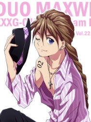Rule 34 | 1boy, blouse, braid, braided ponytail, character name, cross, duo maxwell, earrings, gundam, gundam wing, hat, jewelry, long hair, looking at viewer, male focus, nail polish, necklace, off shoulder, one eye closed, open clothes, open shirt, purple eyes, rei (usabiba), shirt, single braid, solo, striped clothes, striped shirt, wink