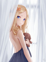Rule 34 | 1girl, abigail williams (fate), back, backlighting, bare shoulders, black bow, black dress, blonde hair, blue eyes, blush, bow, breasts, closed mouth, curtains, dress, fate/grand order, fate (series), forehead, hair bow, highres, holding, holding stuffed toy, long hair, looking at viewer, multiple hair bows, orange bow, parted bangs, small breasts, smile, solo, stuffed animal, stuffed toy, teddy bear, wei xiao, window