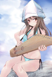 Rule 34 | 10s, 1girl, aqua bikini, bikini, blue hat, blue sky, breasts, brown eyes, brown hair, cleavage, cloud, commentary request, day, feet out of frame, girls und panzer, hat, instrument, kantele, long hair, looking at viewer, mika (girls und panzer), outdoors, rock, side-tie bikini bottom, sitting, sky, solo, string bikini, striped bikini, striped clothes, swimsuit, yumesato makura