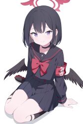 Rule 34 | 1girl, absurdres, armband, black choker, black hair, black sailor collar, black serafuku, black shirt, black skirt, black socks, black wings, blue archive, chinese commentary, choker, closed mouth, commentary request, feathered wings, halo, highres, jyt, looking at viewer, low wings, mashiro (blue archive), pleated skirt, purple eyes, red armband, red halo, sailor collar, school uniform, serafuku, shirt, short hair, simple background, skirt, smile, socks, solo, white background, winged halo, wings