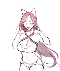 Rule 34 | 1girl, absurdres, animal ears, breasts, cat ears, cat girl, cat tail, cel da lin, cleavage, closed eyes, cowboy shot, facing viewer, fang, hands up, highres, katarina (league of legends), kitty cat katarina, large breasts, league of legends, leaning forward, long hair, navel, official alternate costume, open mouth, parted bangs, paw pose, red hair, sketch, smile, solo, tail