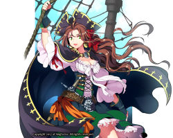 Rule 34 | :d, ahoge, arm up, belt, belt buckle, black cape, bow, breasts, brown hair, buckle, cape, cleavage, copyright request, crow&#039;s nest, dagger, day, dress, earrings, fingerless gloves, frills, gloves, grace o&#039;malley, green dress, green eyes, hair bow, hat, jewelry, knife, long hair, looking at viewer, open mouth, outdoors, pirate, pirate hat, red bow, rigging, sheath, sheathed, smile, standing, very long hair, weapon, wooni