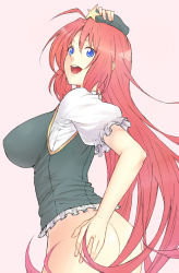 Rule 34 | 1girl, ass, blue eyes, braid, breasts, butt crack, embodiment of scarlet devil, female focus, hand on headwear, hand on own ass, hat, hiroya juuren, hong meiling, large breasts, long hair, looking back, no panties, open mouth, pink hair, red hair, smile, solo, touhou, twin braids