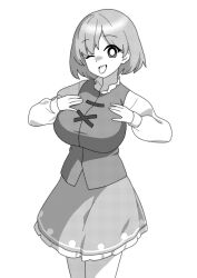 Rule 34 | 1girl, breasts, cross-laced clothes, greyscale, large breasts, long sleeves, looking at viewer, monochrome, one eye closed, onkn sxkn, shirt, short hair, simple background, skirt, solo, tatara kogasa, tongue, tongue out, touhou, vest