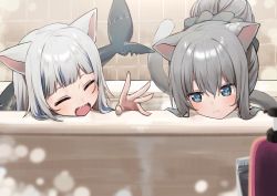 Rule 34 | 2girls, :3, animal ears, bathing, bathtub, blue eyes, blue hair, cat ears, cat tail, closed eyes, commentary, creator connection, crossover, fins, fish tail, gawr gura, grey hair, head rest, hololive, hololive english, indie virtual youtuber, long hair, multicolored hair, multiple girls, nachoneko, paw print, ponytail, same-sex bathing, shared bathing, shark tail, sharp teeth, streaked hair, syhan, symbol-only commentary, tail, teeth, virtual youtuber, white hair