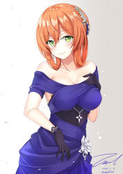Rule 34 | 1girl, bare shoulders, black gloves, blue dress, blush, breasts, cleavage, closed mouth, collarbone, cowboy shot, dated, dress, earrings, flower, girls&#039; frontline, gloves, gradient background, green eyes, grey background, hair between eyes, hair flower, hair ornament, hair rings, hand on own chest, head tilt, jewelry, lips, looking at viewer, medium breasts, off-shoulder dress, off shoulder, official alternate costume, orange hair, short hair, signature, smile, solo, springfield (girls&#039; frontline), springfield (queen in radiance) (girls&#039; frontline), standing, tareme, unel1211