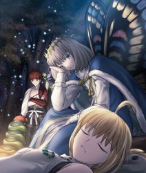 Rule 34 | 1girl, 2boys, ahoge, artoria caster (fate), artoria caster (first ascension) (fate), artoria pendragon (fate), black pants, blonde hair, blue cloak, blue eyes, blue robe, breasts, buttons, cape, cloak, closed eyes, closed mouth, crown, emiya shirou, fate/grand order, fate (series), forest, fur hat, grey hair, hair between eyes, hat, highres, long hair, long sleeves, moon, multiple boys, nature, night, oberon (fate), open mouth, orange eyes, orange hair, pants, robe, senji muramasa (fate), shoori (migiha), short hair, sitting, sleeping, small breasts, smile, standing, teeth, tree, type-moon, ushanka, vest, white cape, white headwear, white robe, white vest