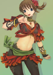 Rule 34 | 00s, 1girl, bangle, bracelet, breasts, brown hair, dancer, earrings, final fantasy, final fantasy xi, gradient background, green background, hume, jewelry, large breasts, lots of jewelry, midriff, mikazuki akira!, navel, original, solo
