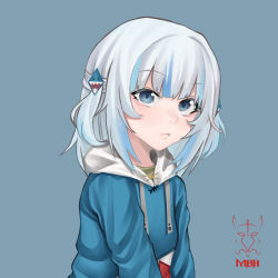 Rule 34 | 1girl, animal hood, aqua background, artist logo, bardanv3, closed mouth, female focus, gawr gura, highres, hololive, hololive english, hood, jacket, multicolored hair, shark hood, short hair, short twintails, simple background, solo, sweater, twintails, virtual youtuber, white hair