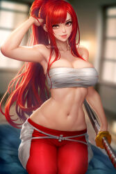 Rule 34 | 1girl, bandages, bare arms, blurry, blurry background, breasts, brown eyes, chest sarashi, curvy, erza scarlet, fairy tail, hand up, highres, holding, holding sword, holding weapon, large breasts, light smile, lips, looking at viewer, midriff, navel, neoartcore, pants, parted lips, ponytail, red hair, red pants, sarashi, seiza, sheath, sheathed, sitting, solo, sword, weapon, wide hips