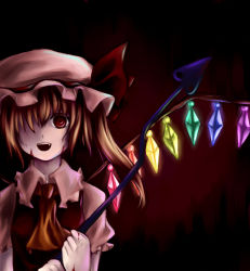 Rule 34 | 1girl, bad id, bad pixiv id, blood, blouse, collared shirt, crystal, dark, fang, female focus, flandre scarlet, hat, laevatein, mob cap, orange yanagi, rainbow order, red background, red eyes, shirt, solo, touhou, white hat, white shirt, wings