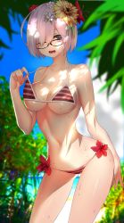 Rule 34 | 1girl, alternate costume, bikini, black-framed eyewear, blue sky, blurry, blurry background, blurry foreground, breasts, cleavage, cloud, day, fate/grand order, fate (series), flower, glasses, hair over shoulder, hibiscus, highres, leaning forward, looking at viewer, mash kyrielight, medium breasts, navel, open mouth, outdoors, pink hair, purple eyes, rahato, red flower, short hair, sideboob, sky, solo, standing, striped bikini, striped clothes, swimsuit, underboob, white flower, yellow flower