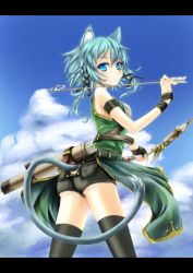 Rule 34 | 10s, 1girl, animal ears, arrow (projectile), ass, ass cutout, black thighhighs, blue eyes, blue hair, bow (weapon), butt crack, cat ears, cat tail, clothing cutout, cloud, day, hair ribbon, highres, holding, letterboxed, matching hair/eyes, quiver, r0g0b0, ribbon, short shorts, shorts, sinon, sinon (sao-alo), sky, solo, sword art online, tail, tail through clothes, thighhighs, weapon