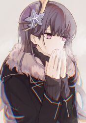 Rule 34 | 1girl, blunt bangs, breath, coat, cold, contemporary, genshin impact, hair down, hair ornament, hand up, highres, long hair, looking to the side, no mole, open mouth, purple eyes, purple hair, raiden shogun, simple background, solo, winter clothes, winter coat, yamainonuma