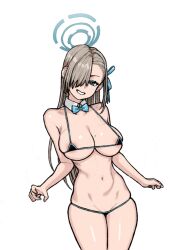 Rule 34 | 1girl, asuna (blue archive), bare shoulders, bikini, blue archive, blue eyes, blue ribbon, bow, breasts, cleavage, hair ribbon, large breasts, light brown hair, looking at viewer, micro bikini, mole, mole on breast, ribbon, simple background, solo, swept bangs, swimsuit, wabaki, white background