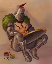 Rule 34 | 1boy, armor, chainmail, dark souls (series), dark souls i, full armor, heart, helm, helmet, highres, holding, holding shield, male focus, paintbrush, painting (action), plume, shield, sitting, sleepysolaire, solaire of astora, solo, tabard