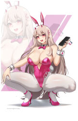 Rule 34 | 1girl, animal ears, bare shoulders, blonde hair, blush, bow, bowtie, breasts, cleavage, detached collar, fake animal ears, goddess of victory: nikke, high heels, highres, hioyami, horns, large breasts, leotard, long hair, looking at viewer, open mouth, pantyhose, pink eyes, pink horns, pink leotard, playboy bunny, rabbit ears, smile, solo, squatting, thighs, viper (nikke), viper (toxic rabbit) (nikke), white background, white pantyhose, wrist cuffs