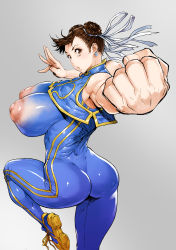 Rule 34 | 1girl, absurdres, alternate costume, ass, bonten, bow, breasts, brown eyes, brown hair, capcom, chun-li, cleavage, covered erect nipples, curvy, double bun, earrings, female focus, grey background, hair bow, hair bun, highres, huge ass, huge breasts, jewelry, large areolae, legs, looking at viewer, looking back, matching hair/eyes, nipples, puffy nipples, punching, shiny skin, simple background, solo, standing, standing on one leg, street fighter, street fighter zero (series), thick thighs, thighs, wide hips