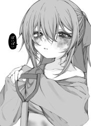 Rule 34 | 1girl, bare shoulders, bow, bruise, bruise on face, collarbone, expressionless, greyscale, hair between eyes, hair bow, highres, injury, long hair, monochrome, mushoku loli, mushoku loli (character), original, parted lips, ponytail, shirt, shovel, simple background, solo
