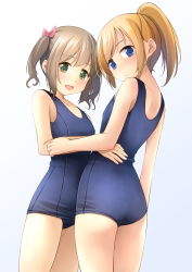 Rule 34 | 2girls, :d, ass, bare arms, bare shoulders, blonde hair, blue background, blue eyes, blue one-piece swimsuit, blush, brown hair, closed mouth, collarbone, commentary request, gradient background, green eyes, highres, looking at viewer, multiple girls, old school swimsuit, one-piece swimsuit, open mouth, original, ponytail, school swimsuit, shibacha, smile, swimsuit, twintails, white background