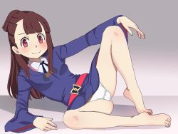 Rule 34 | 1girl, arm support, aruman, asymmetrical bangs, bad id, bad pixiv id, barefoot, blue dress, blunt bangs, blush, breasts, brown hair, cameltoe, closed mouth, crotch seam, dress, feet, grey background, kagari atsuko, little witch academia, long hair, looking at viewer, luna nova school uniform, lying, on side, panties, red eyes, school uniform, simple background, small breasts, smile, solo, spread legs, thighs, underwear, upskirt, white panties, witch