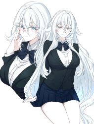Rule 34 | 1girl, alternate costume, azur lane, bespectacled, black jacket, blue bow, blue bowtie, blue eyes, bow, bowtie, breasts, closed mouth, collared shirt, glasses, hair between eyes, highres, jacket, large breasts, long hair, long sleeves, looking at viewer, miniskirt, multiple views, pleated skirt, sbs, shirt, simple background, skirt, sovetsky soyuz (azur lane), very long hair, white background, white hair, white shirt