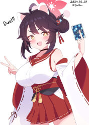Rule 34 | 1girl, absurdres, ahoge, animal ears, bare shoulders, black choker, black hair, blue archive, blush, breasts, card, choker, dandan (uaee4742), dated, detached sleeves, fang, hair bun, halo, highres, holding, holding card, kaede (blue archive), large breasts, looking at viewer, open mouth, pink halo, pleated skirt, red sailor collar, red skirt, sailor collar, short hair, simple background, single side bun, skin fang, skirt, smile, solo, twintails, white background, white sleeves, wide sleeves, yellow eyes